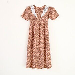 Vintage Red Floral Prairie Floral Lace Embellished Midi Dress | Size XS